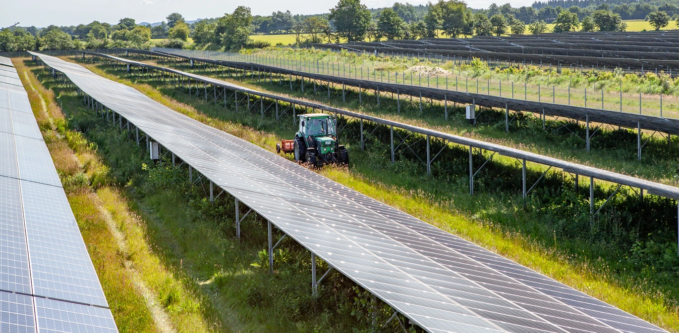 Bodenbearbeitung mit Grubber zwischen den Solarmodul-Reihen in Freienwill